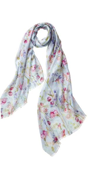 Watercolor Flowers Featherweight Cashmere Scarf in Fuchsia Blue Lavender