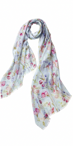 Watercolor Flowers Featherweight Cashmere Scarf in Fuchsia Blue Lavender