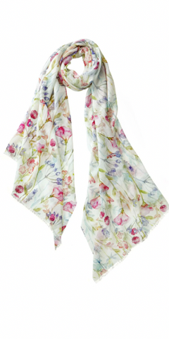 Watercolor Flowers Featherweight Cashmere Scarf in Fuchsia Ivory