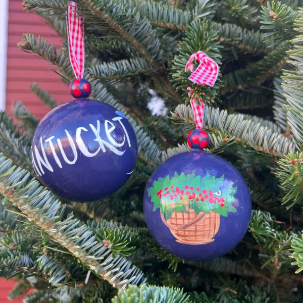 Nantucket Basket Christmas Ornament on Navy