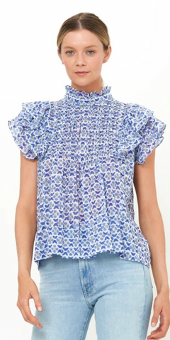 Pintuck Ruffle Top in Veranda Blue