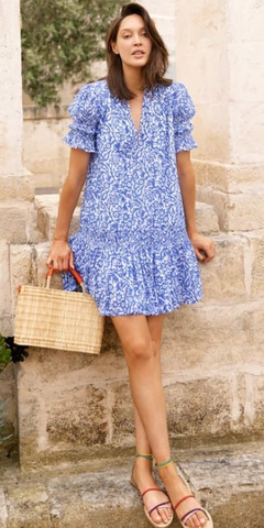 Smocked Drop Mini Dress in Cypress Blue