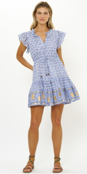 Cinched Flirty Short Dress in Veranda Blue