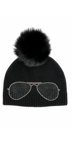 Aviator Knit Hat with Fox Pom in Black