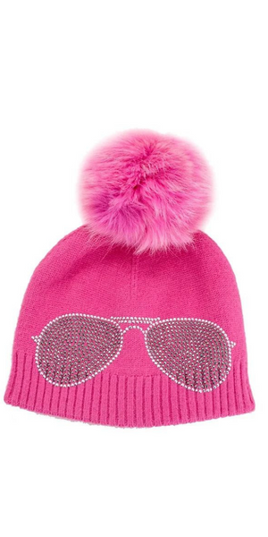 Aviator Knit Hat with Fox Pom in Hot Pink